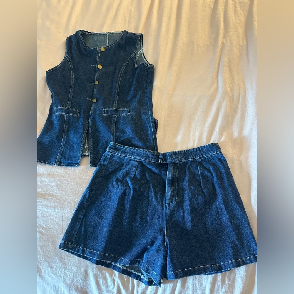Denim Vest and Shorts Set - Blue